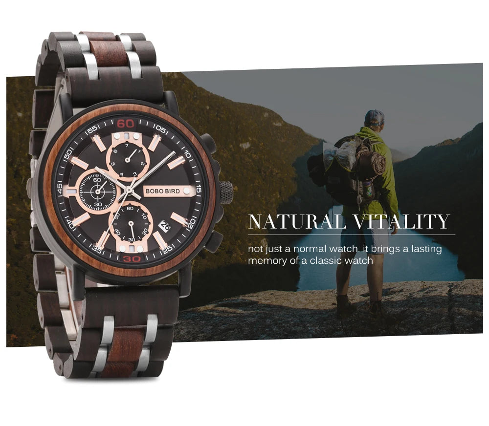 Orologio In Legno Da Uomo Cronografo Luxury Top Brand Elegante Con Scatola Di Legno Logo Personalizzato Regalo Ideale