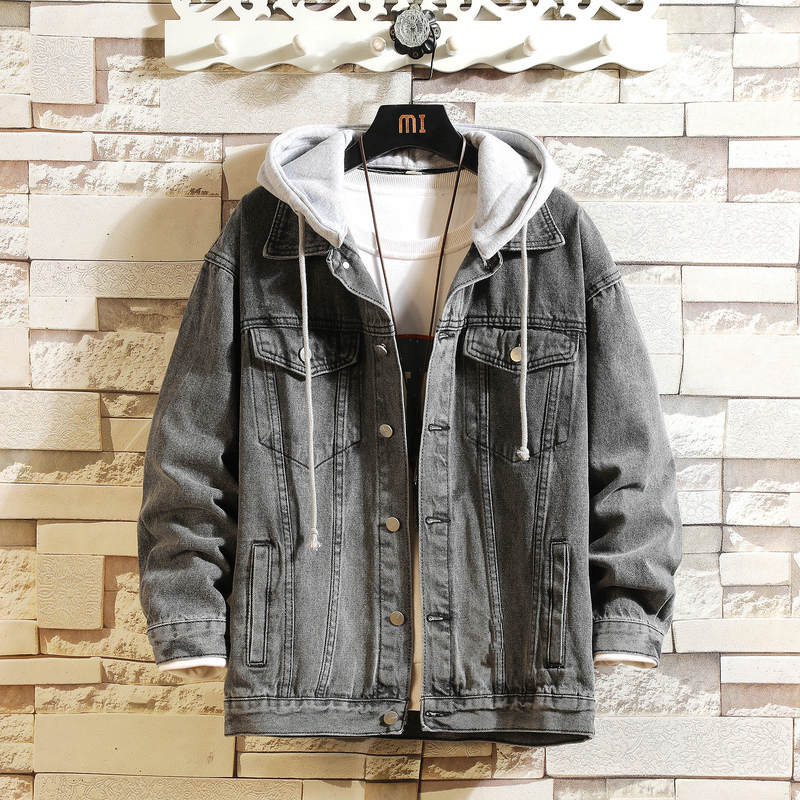 Giacca Jeans Uomo Con Cappuccio Tinta Unita Streetwear Casual Colletto Rovesciato Cappuccio Staccabile
