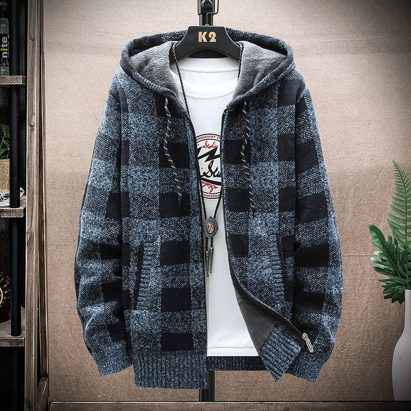 Nuovo Maglione Scozzese Invernale Da Uomo Cardigan Con Cappuccio Cerniera Giacca In Lana Calda Autunno In Pile Quadretti