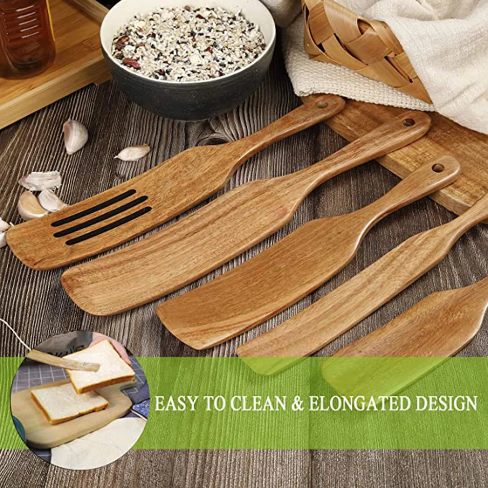 Set Da 5 Pezzi Di Spatole Scanalate In Teak Naturale Per Mescolare Utensili Da Cucina In Legno Resistente Al Calore