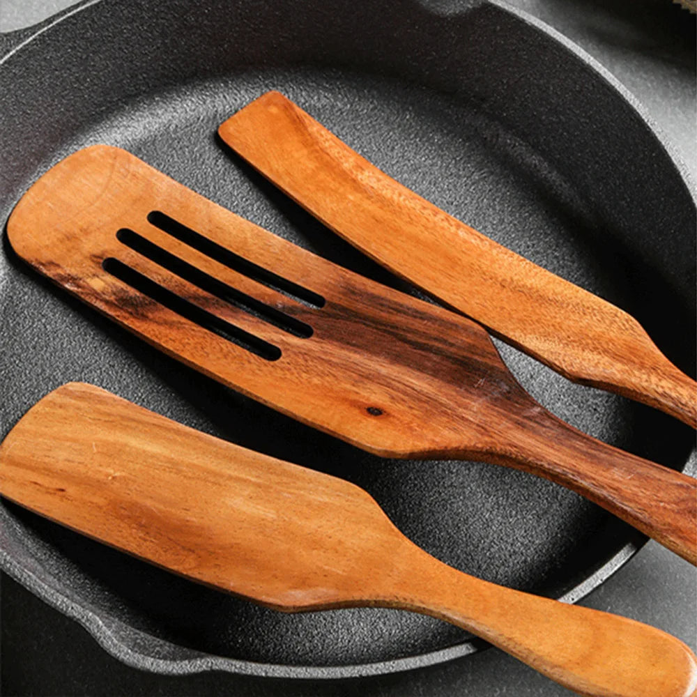 Set Da 5 Pezzi Di Spatole Scanalate In Teak Naturale Per Mescolare Utensili Da Cucina In Legno Resistente Al Calore