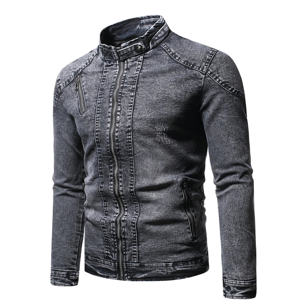 Giacca Jeans Uomo Denim Streetwear Primavera Autunno Collo Mandarino Slim Fit Capispalla