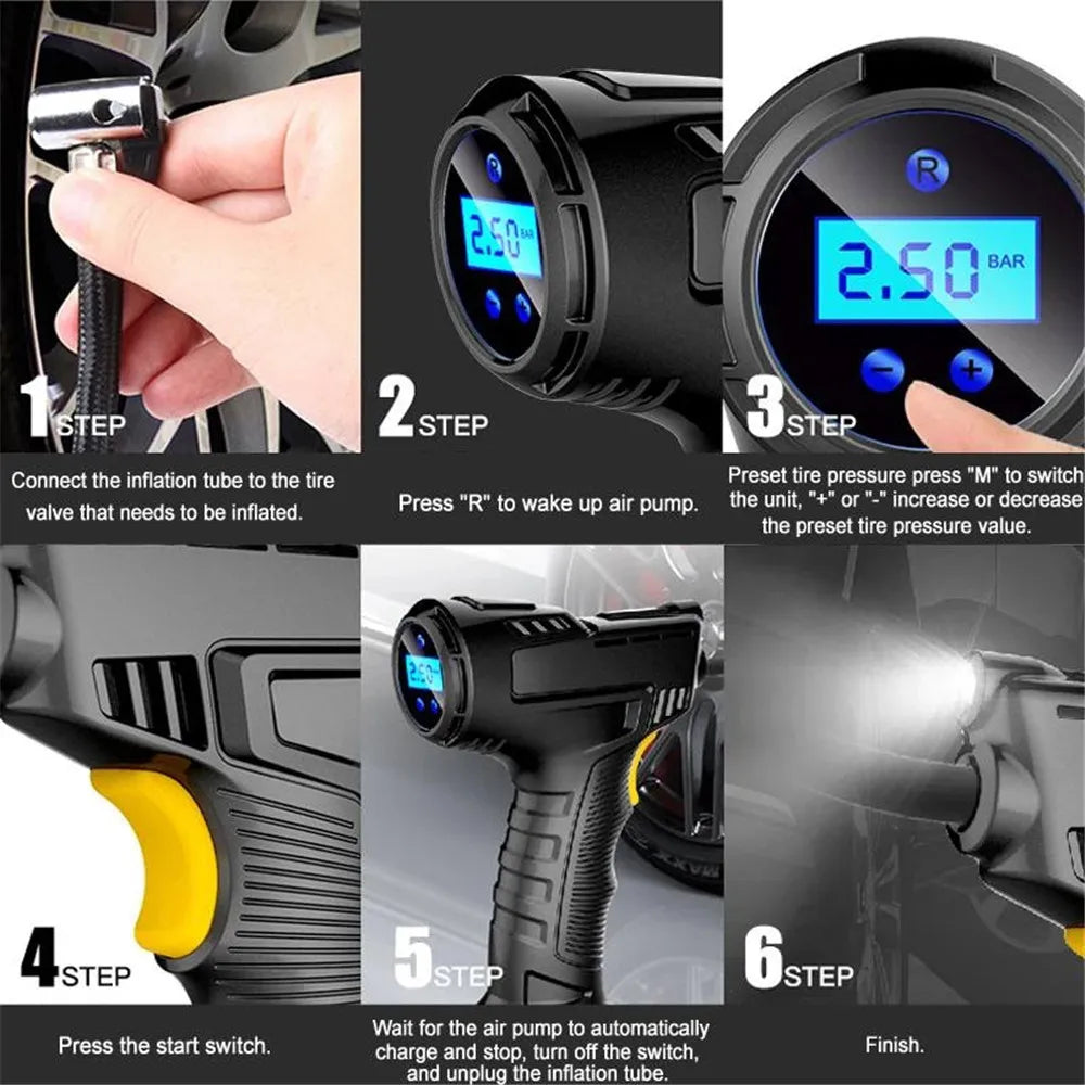 Gonfiatore Per Pneumatici Wireless Digitale 120W Compressore Aria Portatile 12V Ricaricabile Per Moto Auto