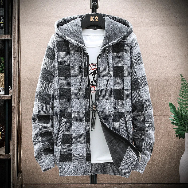 Nuovo Maglione Scozzese Invernale Da Uomo Cardigan Con Cappuccio Cerniera Giacca In Lana Calda Autunno In Pile Quadretti
