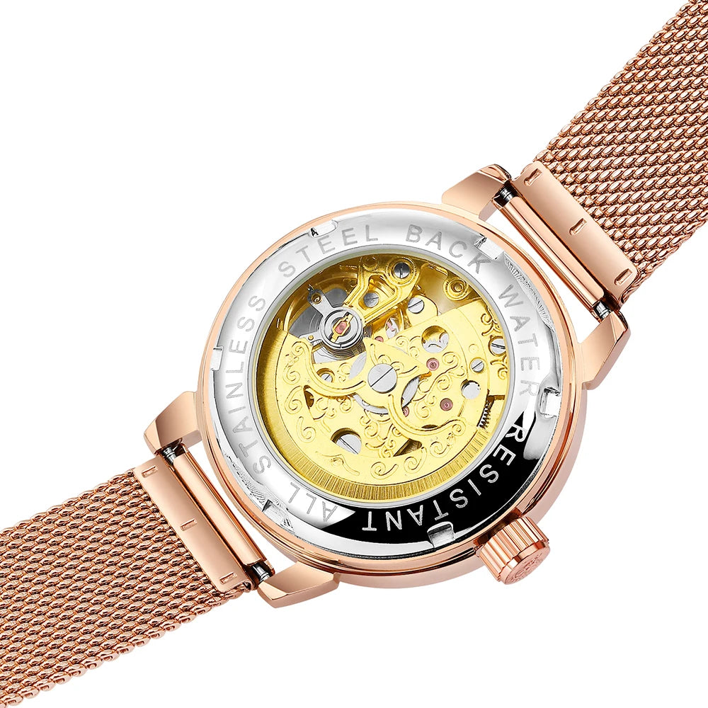 Orologio Automatico Da Donna Orkina Scheletrato Nero Con Cinturino Rete In Acciaio Inossidabile Lusso Per Affari