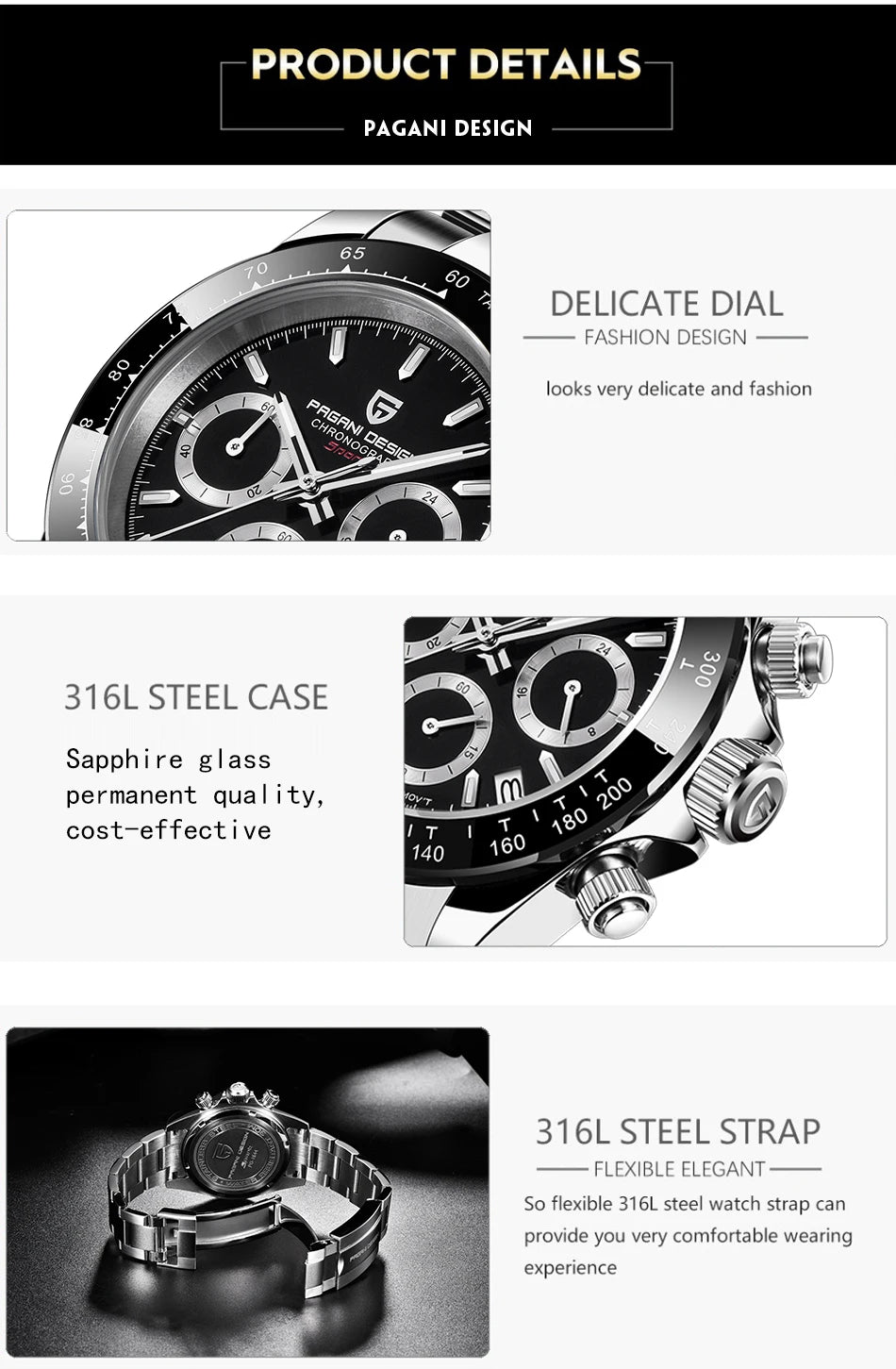 PAGANI DESIGN 2024 PD1644 Orologio Da Polso Uomo Quarzo Cronografo 100M Vetro Zaffiro Quadrante Meteorite