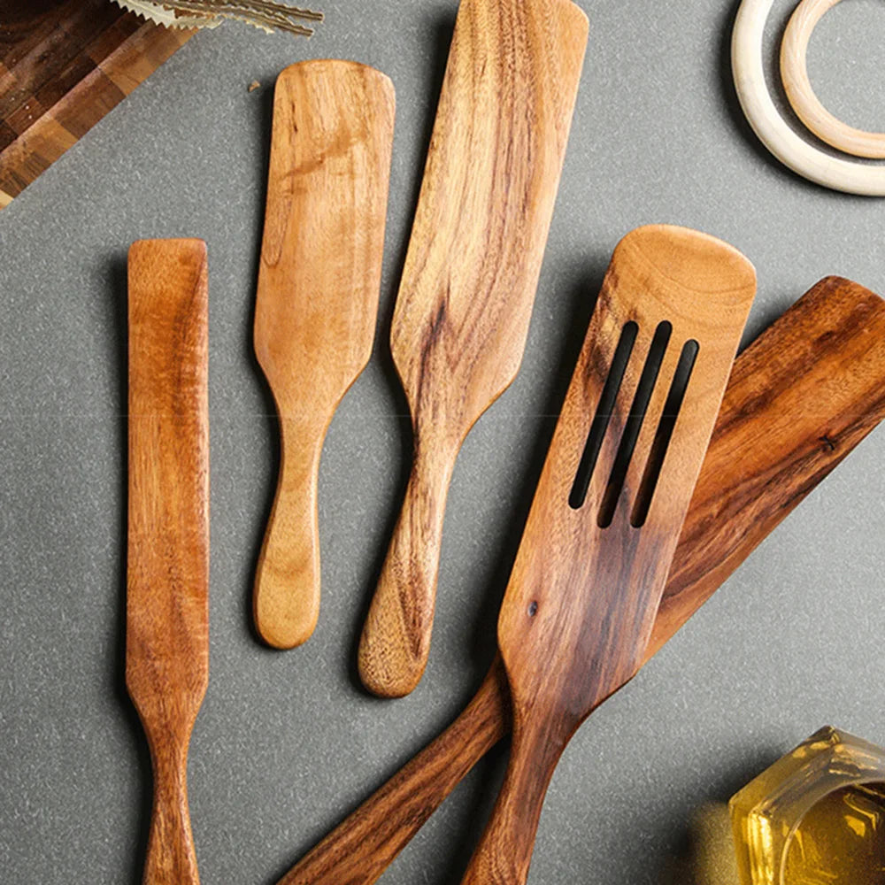 Set Da 5 Pezzi Di Spatole Scanalate In Teak Naturale Per Mescolare Utensili Da Cucina In Legno Resistente Al Calore