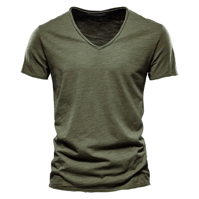 Maglietta Uomo Cotone 100 Percento Con Scollo A V Slim Fit Colore Solido Manica Corta