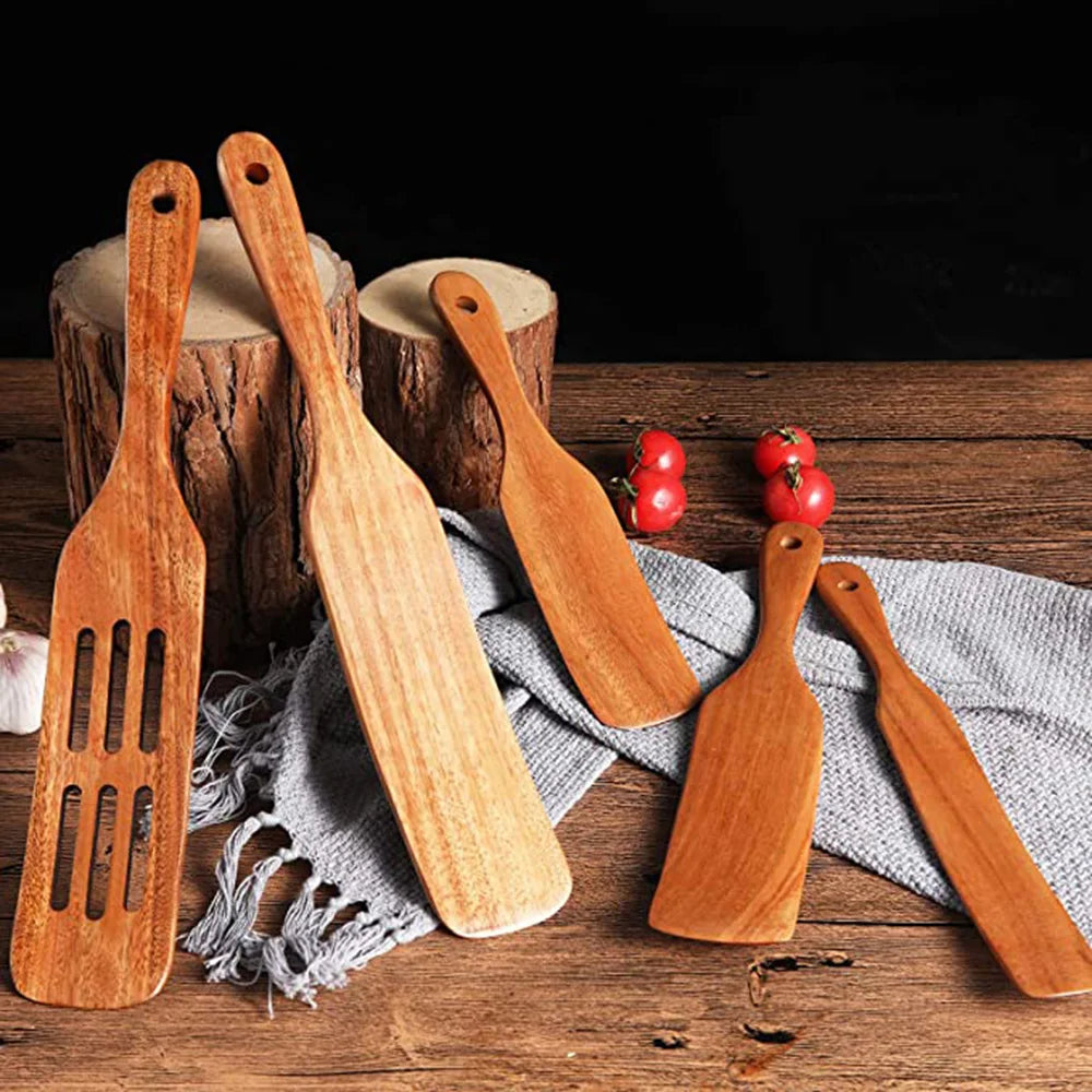 Set Da 5 Pezzi Di Spatole Scanalate In Teak Naturale Per Mescolare Utensili Da Cucina In Legno Resistente Al Calore