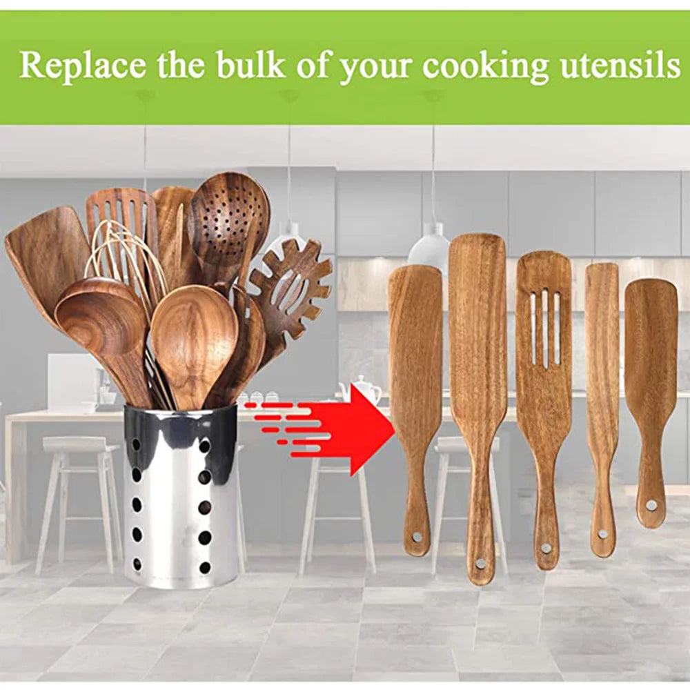 Set Da 5 Pezzi Di Spatole Scanalate In Teak Naturale Per Mescolare Utensili Da Cucina In Legno Resistente Al Calore