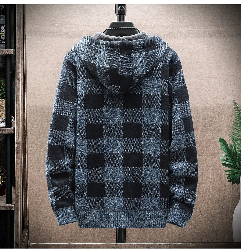 Nuovo Maglione Scozzese Invernale Da Uomo Cardigan Con Cappuccio Cerniera Giacca In Lana Calda Autunno In Pile Quadretti