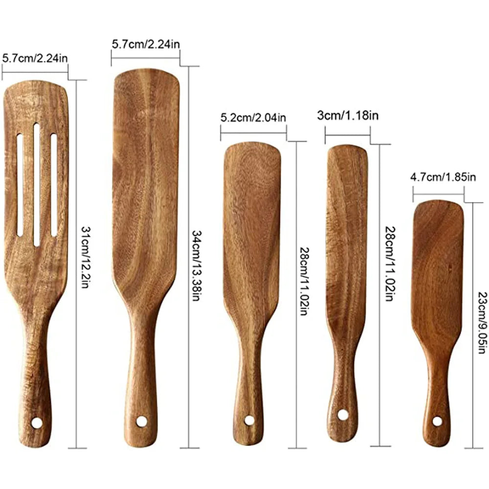 Set Da 5 Pezzi Di Spatole Scanalate In Teak Naturale Per Mescolare Utensili Da Cucina In Legno Resistente Al Calore