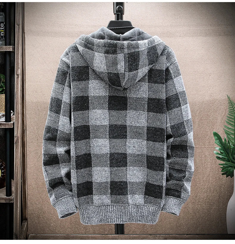 Nuovo Maglione Scozzese Invernale Da Uomo Cardigan Con Cappuccio Cerniera Giacca In Lana Calda Autunno In Pile Quadretti