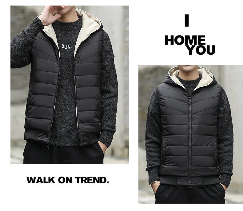 Gilet Reversibile Da Uomo Imbottito Senza Maniche In Cotone Con Cappuccio E Colletto Mandarino 2 In 1 Parka VT 276