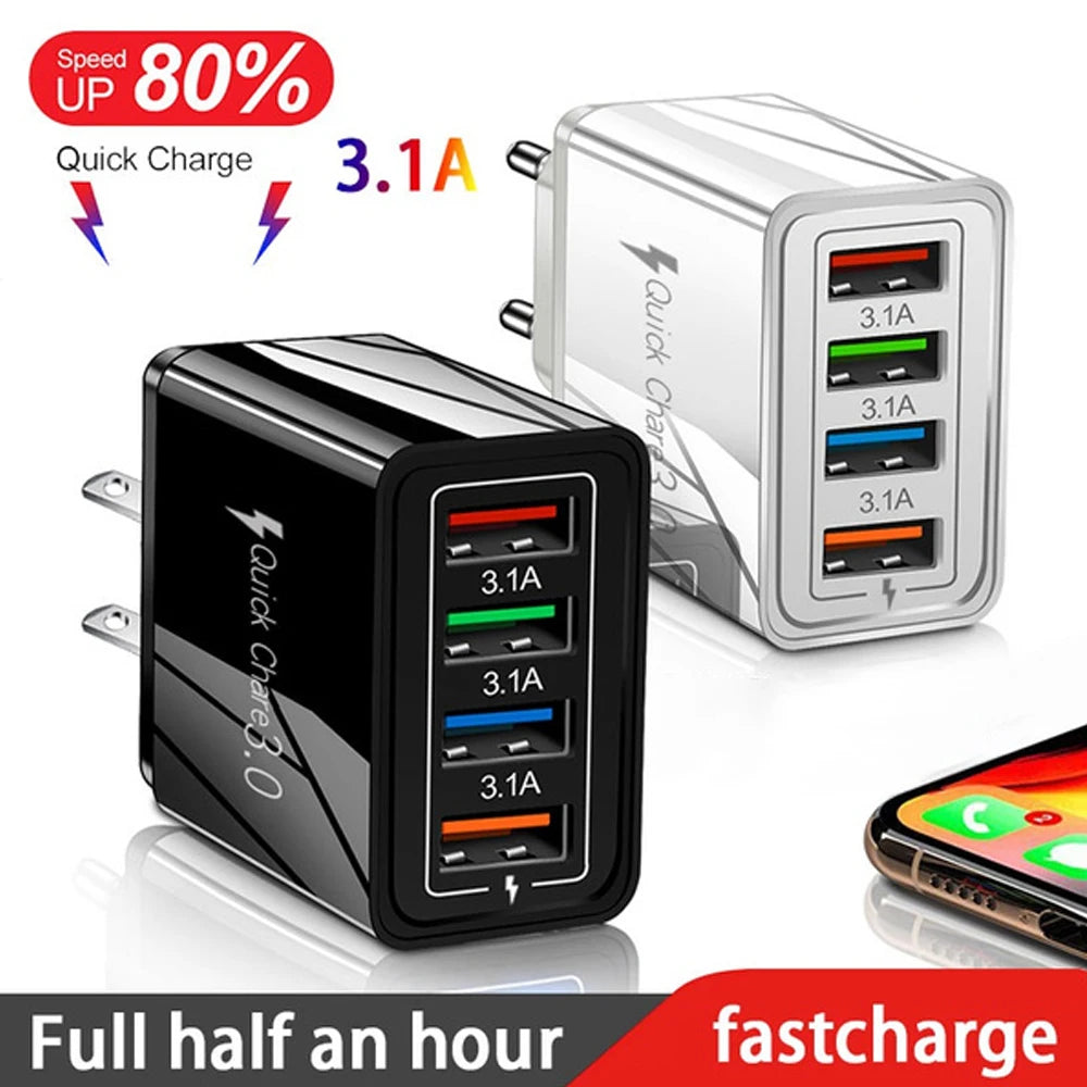 Caricatore USB 3A a 4 Porte Da Muro Con Spina EU US Integrata Per iPhone 16 Pro Ricarica Veloce