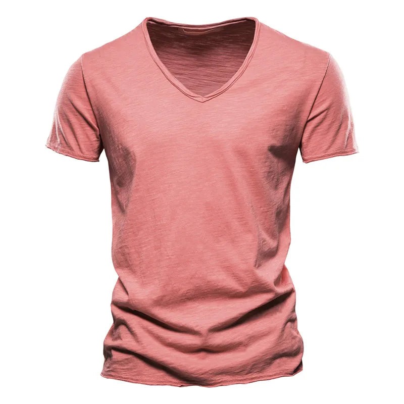 Maglietta Uomo Cotone 100 Percento Con Scollo A V Slim Fit Colore Solido Manica Corta