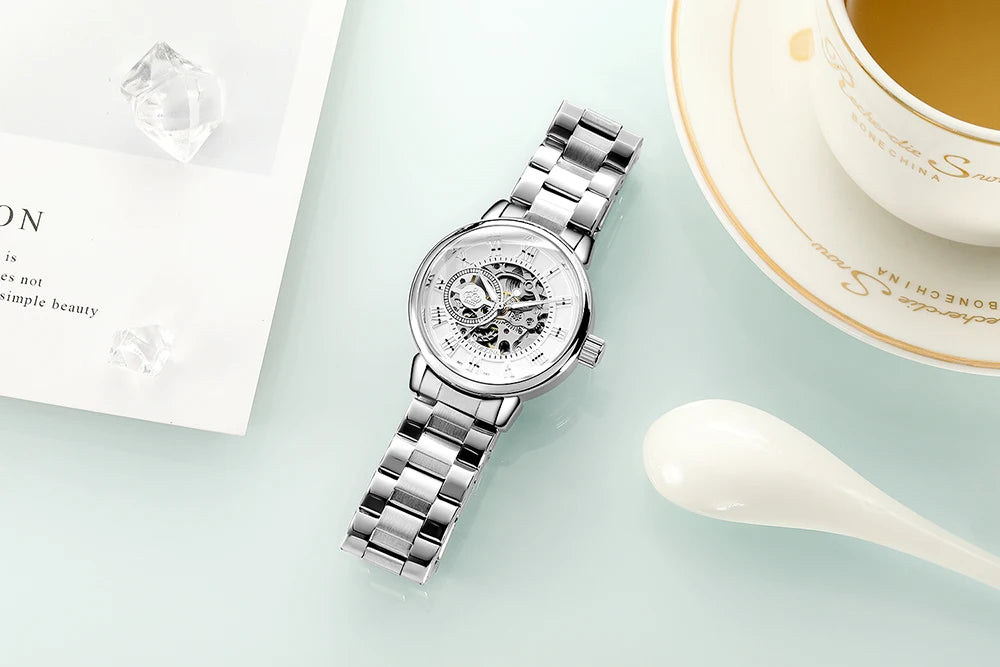 Orologio Automatico Da Donna Orkina Scheletrato Nero Con Cinturino Rete In Acciaio Inossidabile Lusso Per Affari