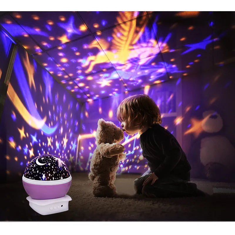 Lampada Proiettore Notte Rotante Cielo Stellato LED USB Batteria Per Bambini Unicorno Romantico