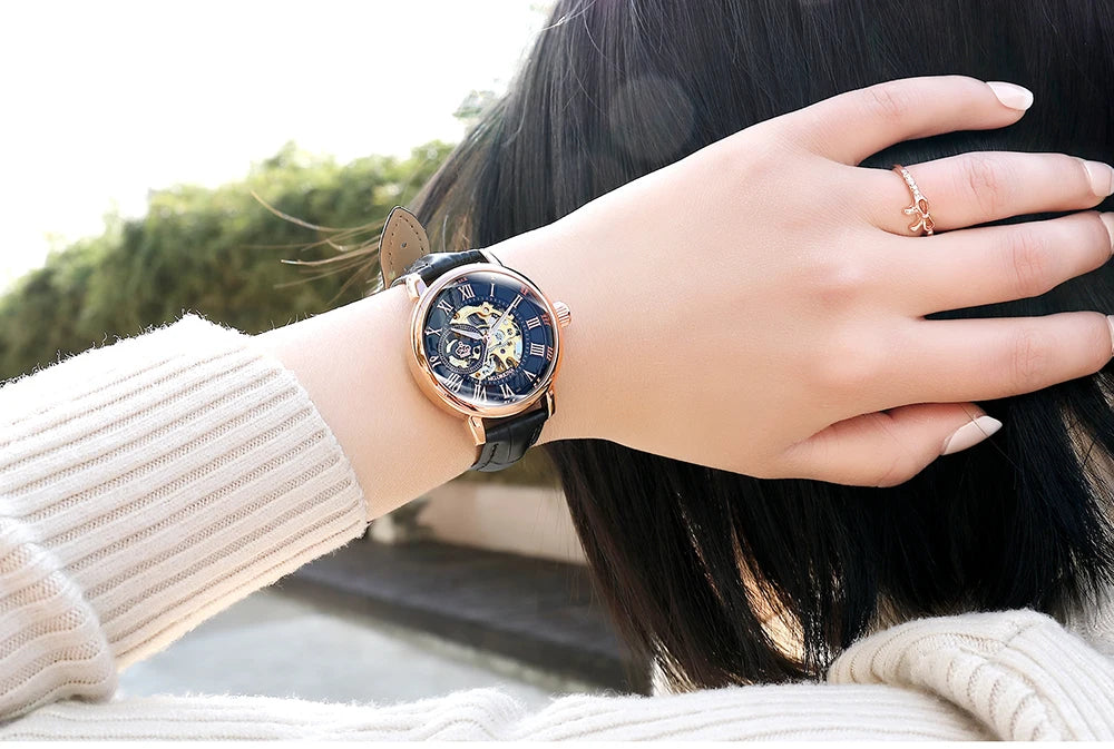 Orologio Meccanico Automatico Da Donna Orkina Classico Scheletrato Lusso Cinturino In Acciaio Inossidabile E Pelle