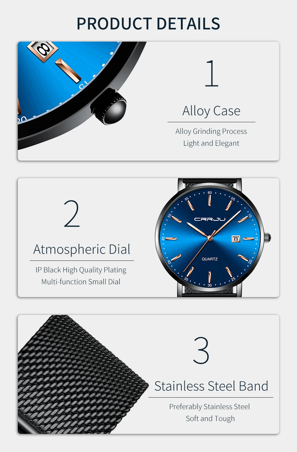 Orologio Da Uomo CRRJU Di Lusso Blu Impermeabile Sottile Ed Elegante Orologio Al Quarzo Casual Con Cinturino In Maglia