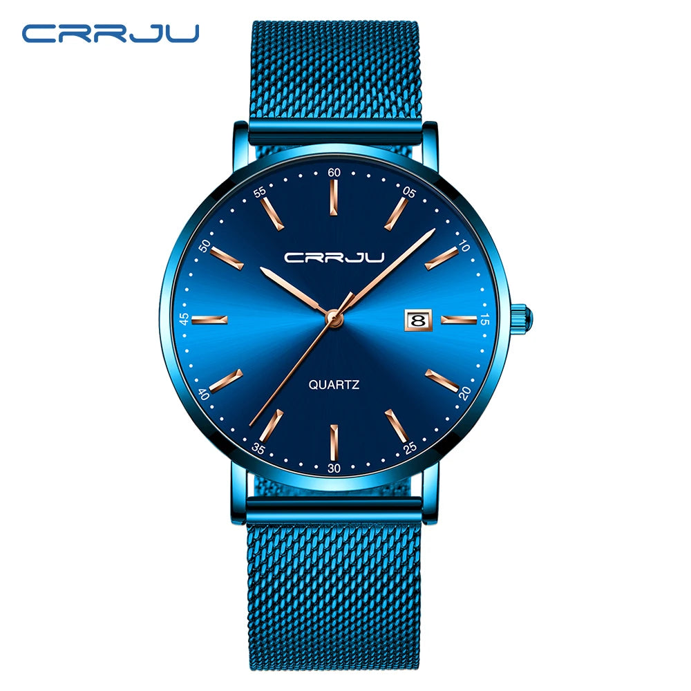 Orologio Da Uomo CRRJU Di Lusso Blu Impermeabile Sottile Ed Elegante Orologio Al Quarzo Casual Con Cinturino In Maglia