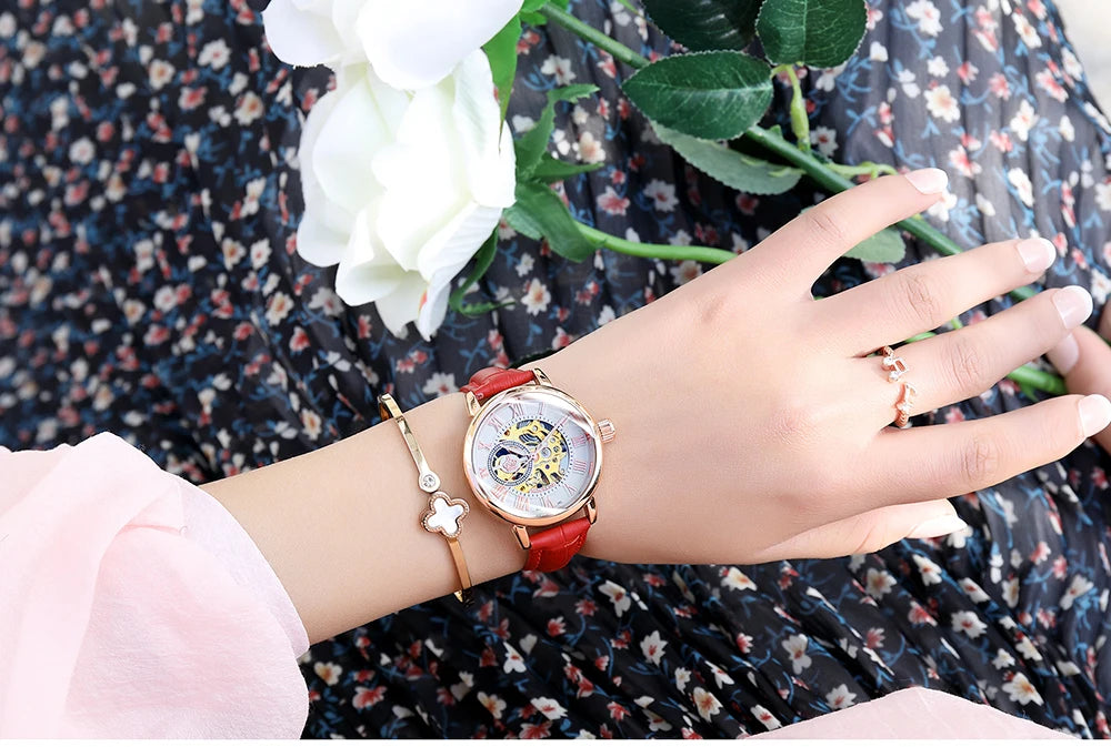 Orologio Meccanico Automatico Da Donna Orkina Classico Scheletrato Lusso Cinturino In Acciaio Inossidabile E Pelle