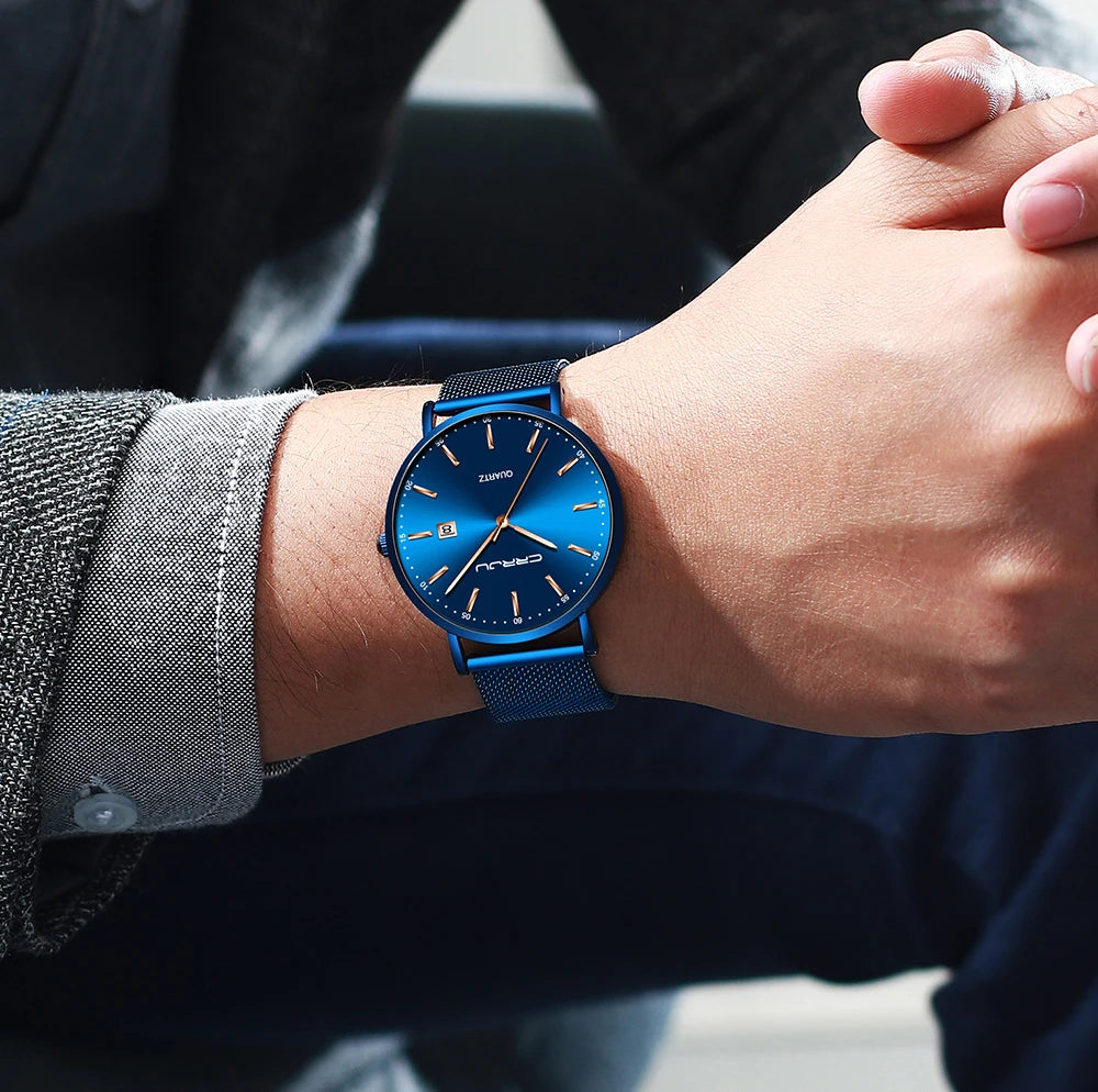 Orologio Da Uomo CRRJU Di Lusso Blu Impermeabile Sottile Ed Elegante Orologio Al Quarzo Casual Con Cinturino In Maglia