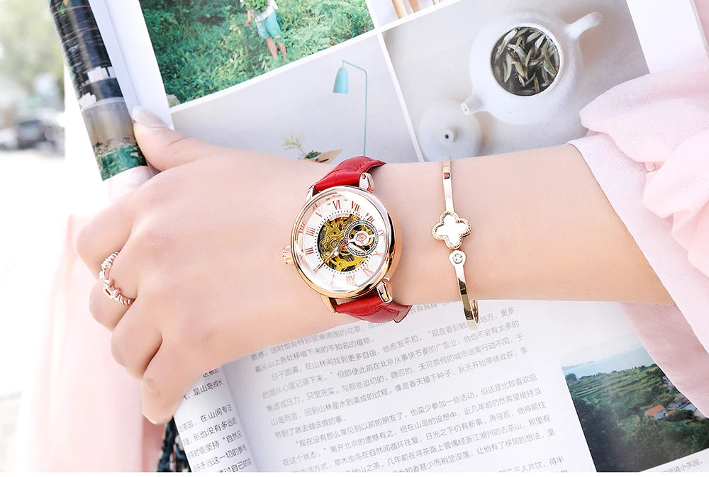 Orologio Meccanico Automatico Da Donna Orkina Classico Scheletrato Lusso Cinturino In Acciaio Inossidabile E Pelle