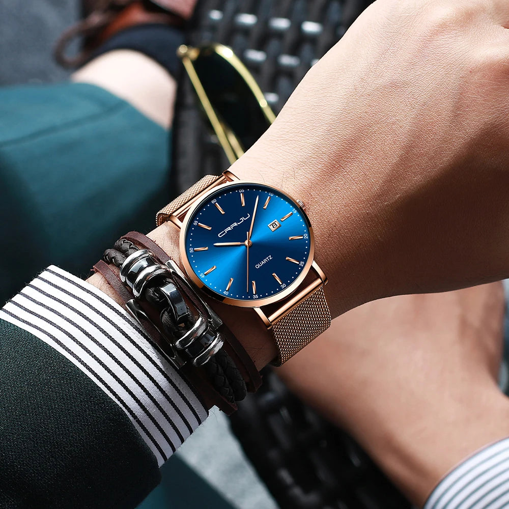 Orologio Da Uomo CRRJU Di Lusso Blu Impermeabile Sottile Ed Elegante Orologio Al Quarzo Casual Con Cinturino In Maglia