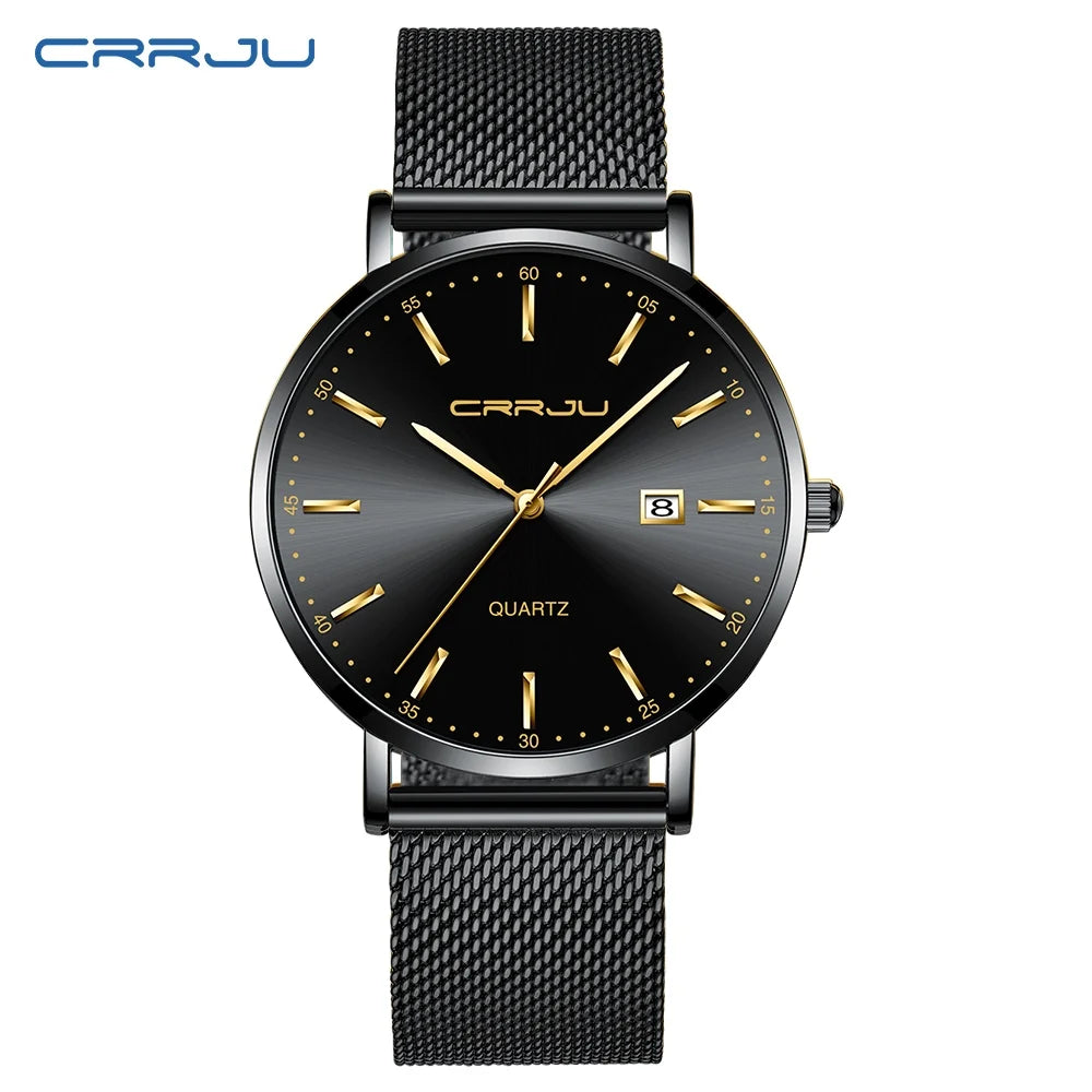 Orologio Da Uomo CRRJU Di Lusso Blu Impermeabile Sottile Ed Elegante Orologio Al Quarzo Casual Con Cinturino In Maglia