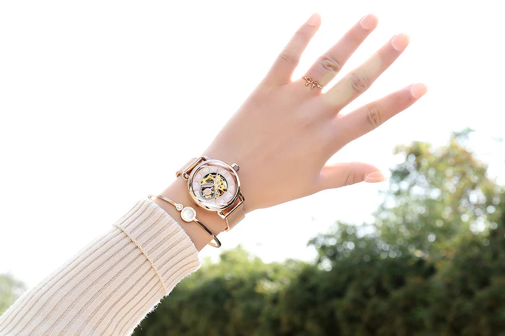 Orologio Automatico Da Donna Orkina Scheletrato Nero Con Cinturino Rete In Acciaio Inossidabile Lusso Per Affari