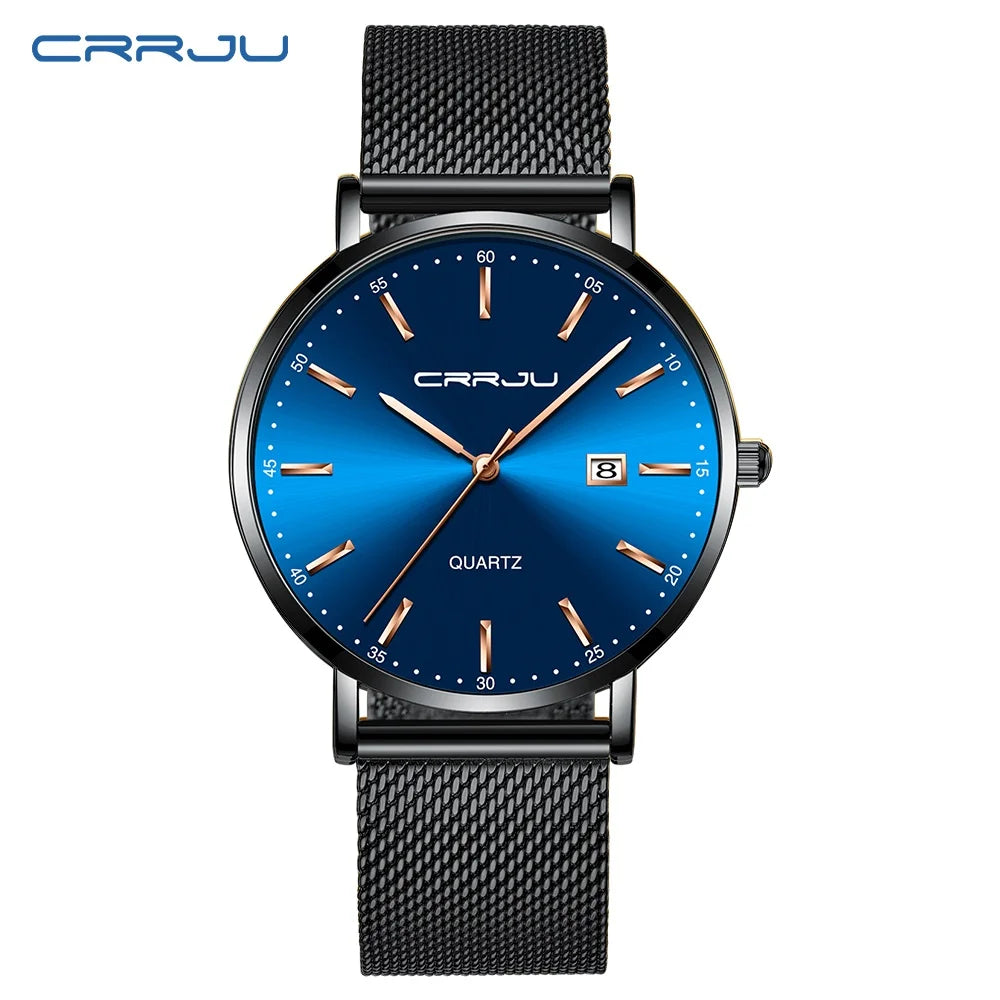 Orologio Da Uomo CRRJU Di Lusso Blu Impermeabile Sottile Ed Elegante Orologio Al Quarzo Casual Con Cinturino In Maglia