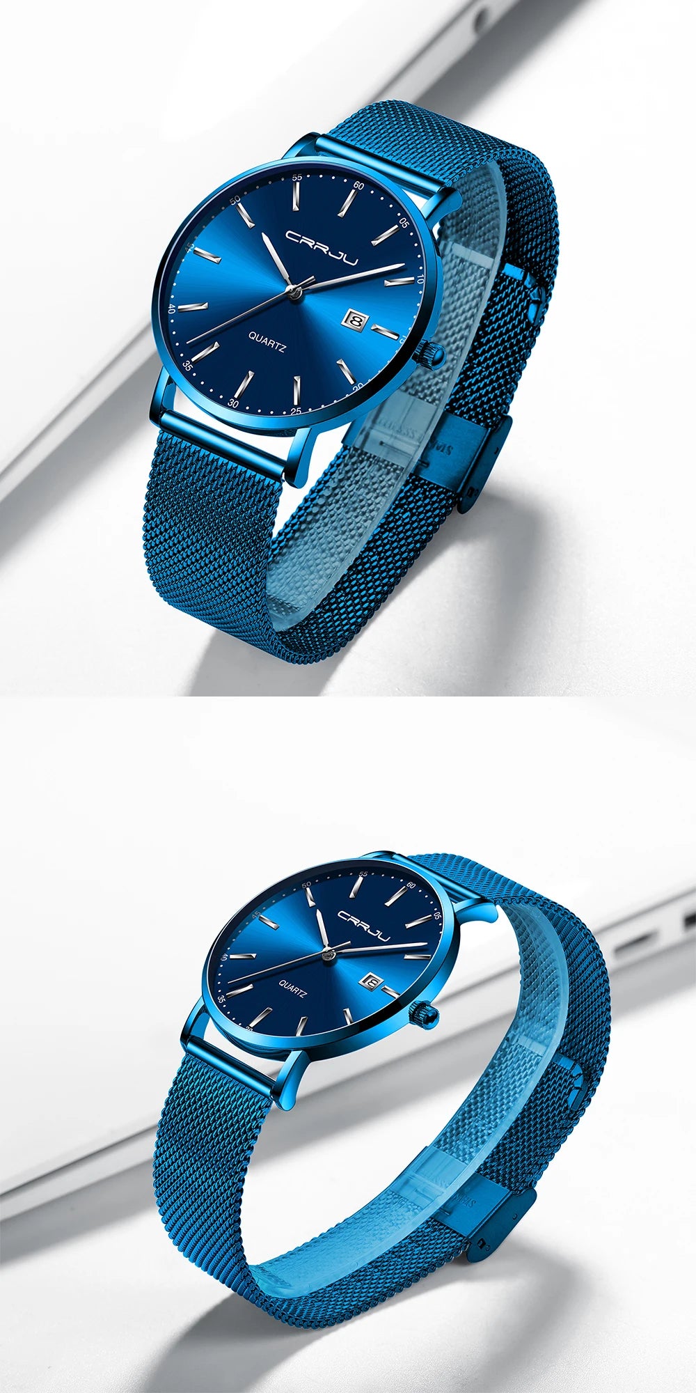 Orologio Da Uomo CRRJU Di Lusso Blu Impermeabile Sottile Ed Elegante Orologio Al Quarzo Casual Con Cinturino In Maglia