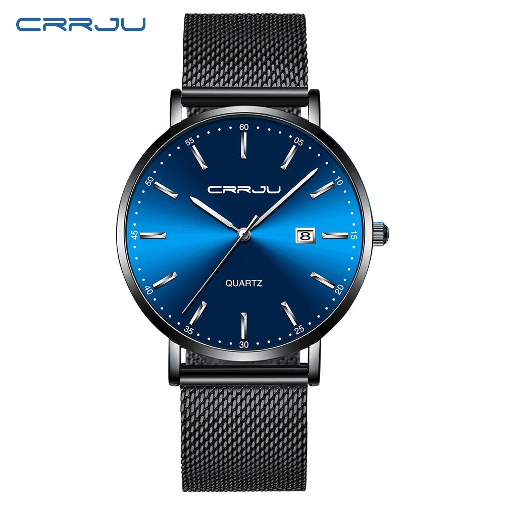 Orologio Da Uomo CRRJU Di Lusso Blu Impermeabile Sottile Ed Elegante Orologio Al Quarzo Casual Con Cinturino In Maglia