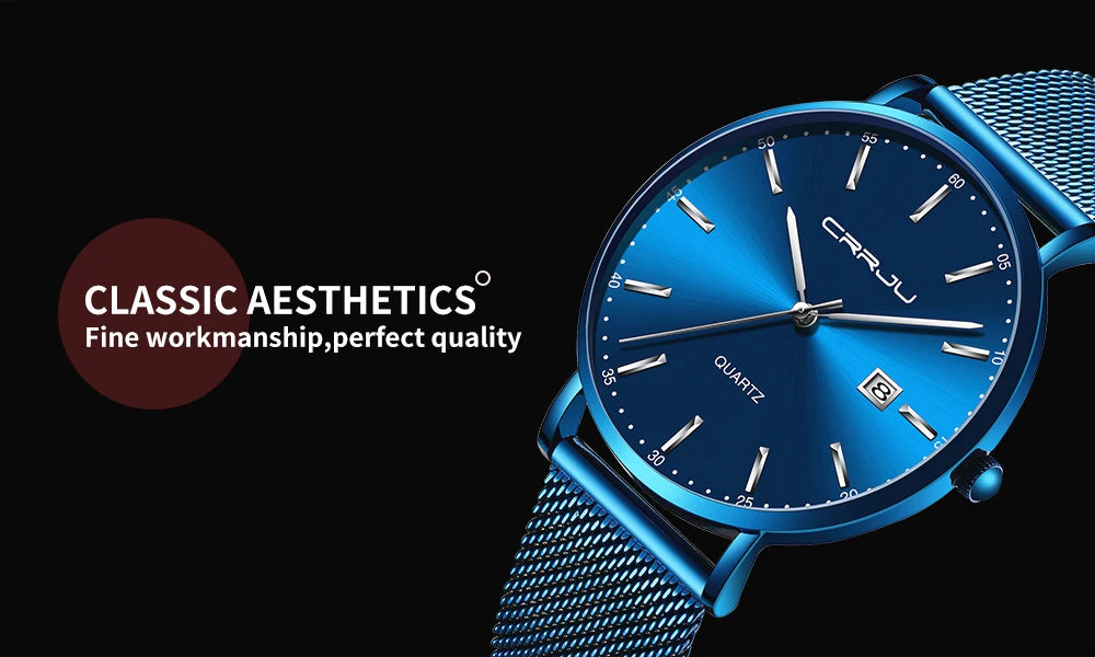 Orologio Da Uomo CRRJU Di Lusso Blu Impermeabile Sottile Ed Elegante Orologio Al Quarzo Casual Con Cinturino In Maglia