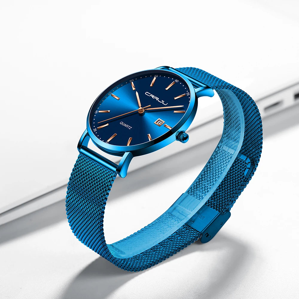 Orologio Da Uomo CRRJU Di Lusso Blu Impermeabile Sottile Ed Elegante Orologio Al Quarzo Casual Con Cinturino In Maglia