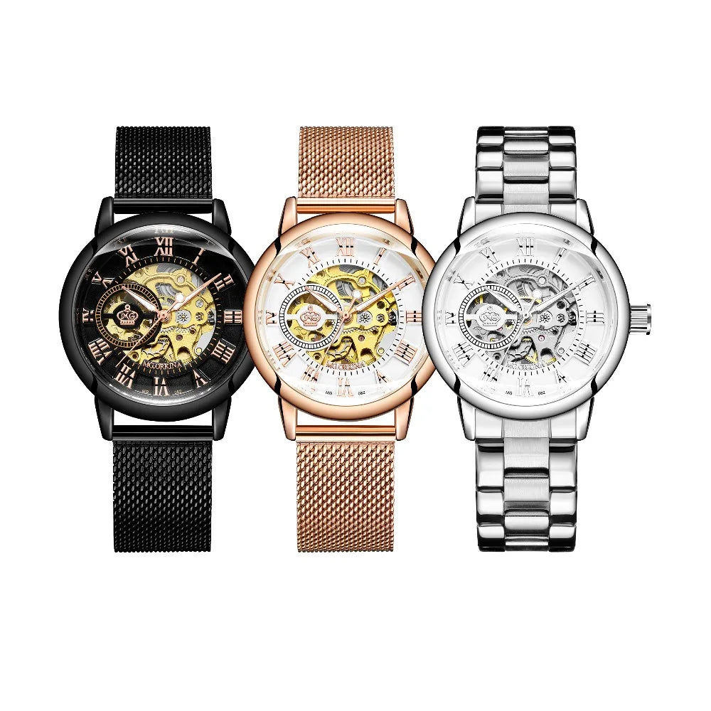 Orologio Automatico Da Donna Orkina Scheletrato Nero Con Cinturino Rete In Acciaio Inossidabile Lusso Per Affari