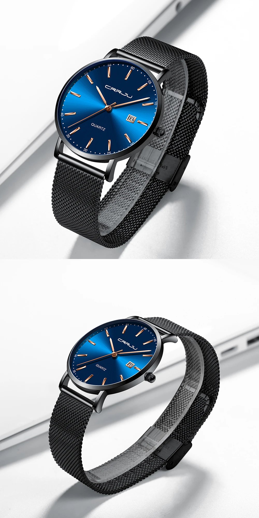 Orologio Da Uomo CRRJU Di Lusso Blu Impermeabile Sottile Ed Elegante Orologio Al Quarzo Casual Con Cinturino In Maglia