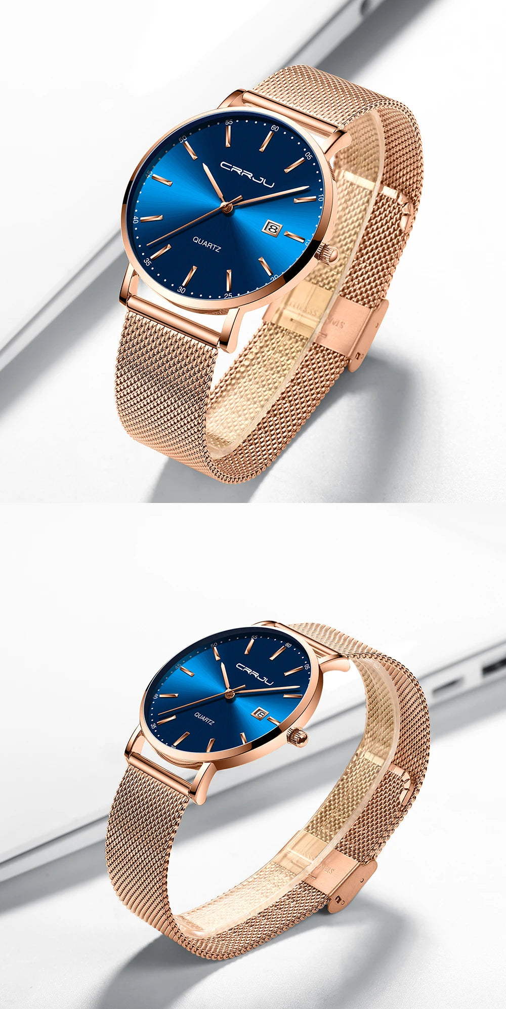 Orologio Da Uomo CRRJU Di Lusso Blu Impermeabile Sottile Ed Elegante Orologio Al Quarzo Casual Con Cinturino In Maglia