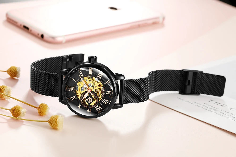 Orologio Automatico Da Donna Orkina Scheletrato Nero Con Cinturino Rete In Acciaio Inossidabile Lusso Per Affari