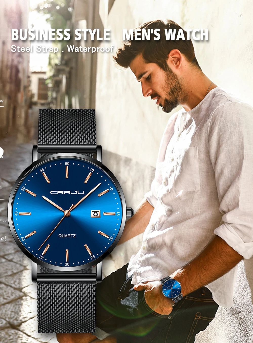 Orologio Da Uomo CRRJU Di Lusso Blu Impermeabile Sottile Ed Elegante Orologio Al Quarzo Casual Con Cinturino In Maglia