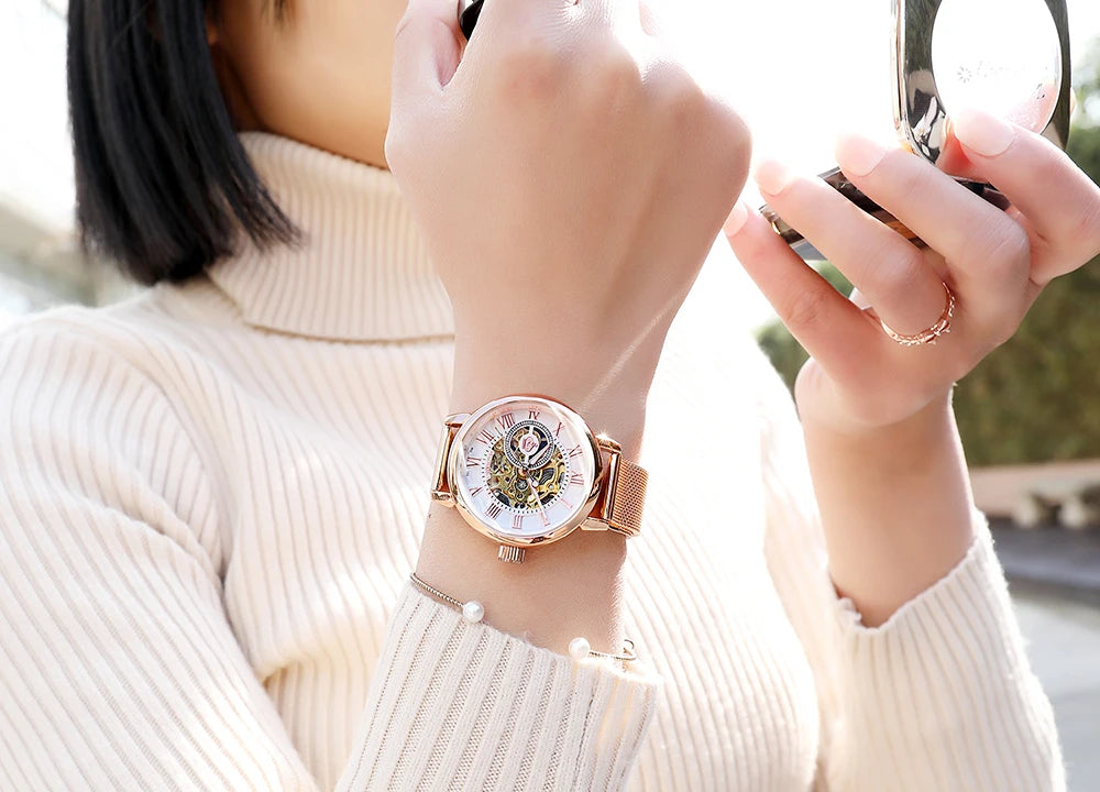 Orologio Automatico Da Donna Orkina Scheletrato Nero Con Cinturino Rete In Acciaio Inossidabile Lusso Per Affari