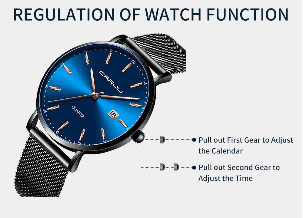 Orologio Da Uomo CRRJU Di Lusso Blu Impermeabile Sottile Ed Elegante Orologio Al Quarzo Casual Con Cinturino In Maglia
