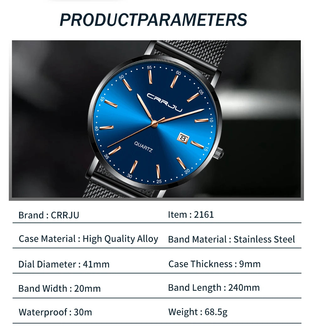 Orologio Da Uomo CRRJU Di Lusso Blu Impermeabile Sottile Ed Elegante Orologio Al Quarzo Casual Con Cinturino In Maglia