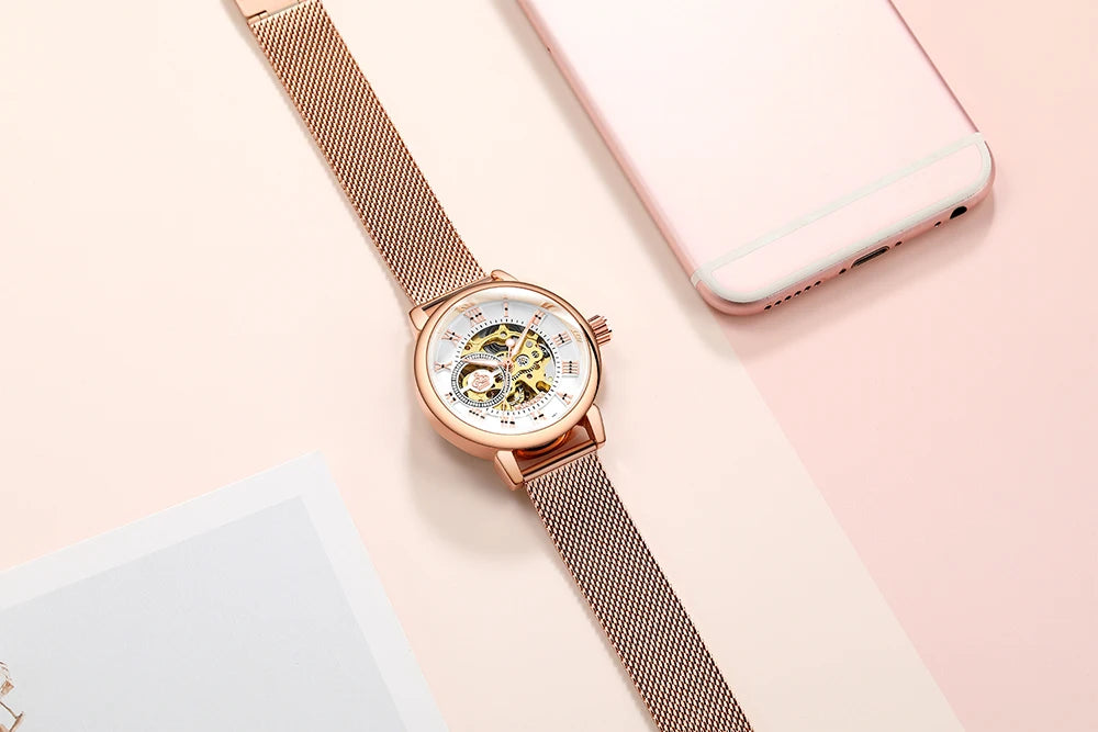 Orologio Automatico Da Donna Orkina Scheletrato Nero Con Cinturino Rete In Acciaio Inossidabile Lusso Per Affari