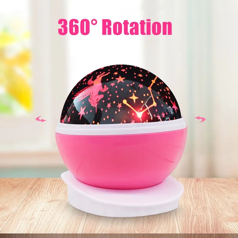 Lampada Proiettore Notte Rotante Cielo Stellato LED USB Batteria Per Bambini Unicorno Romantico