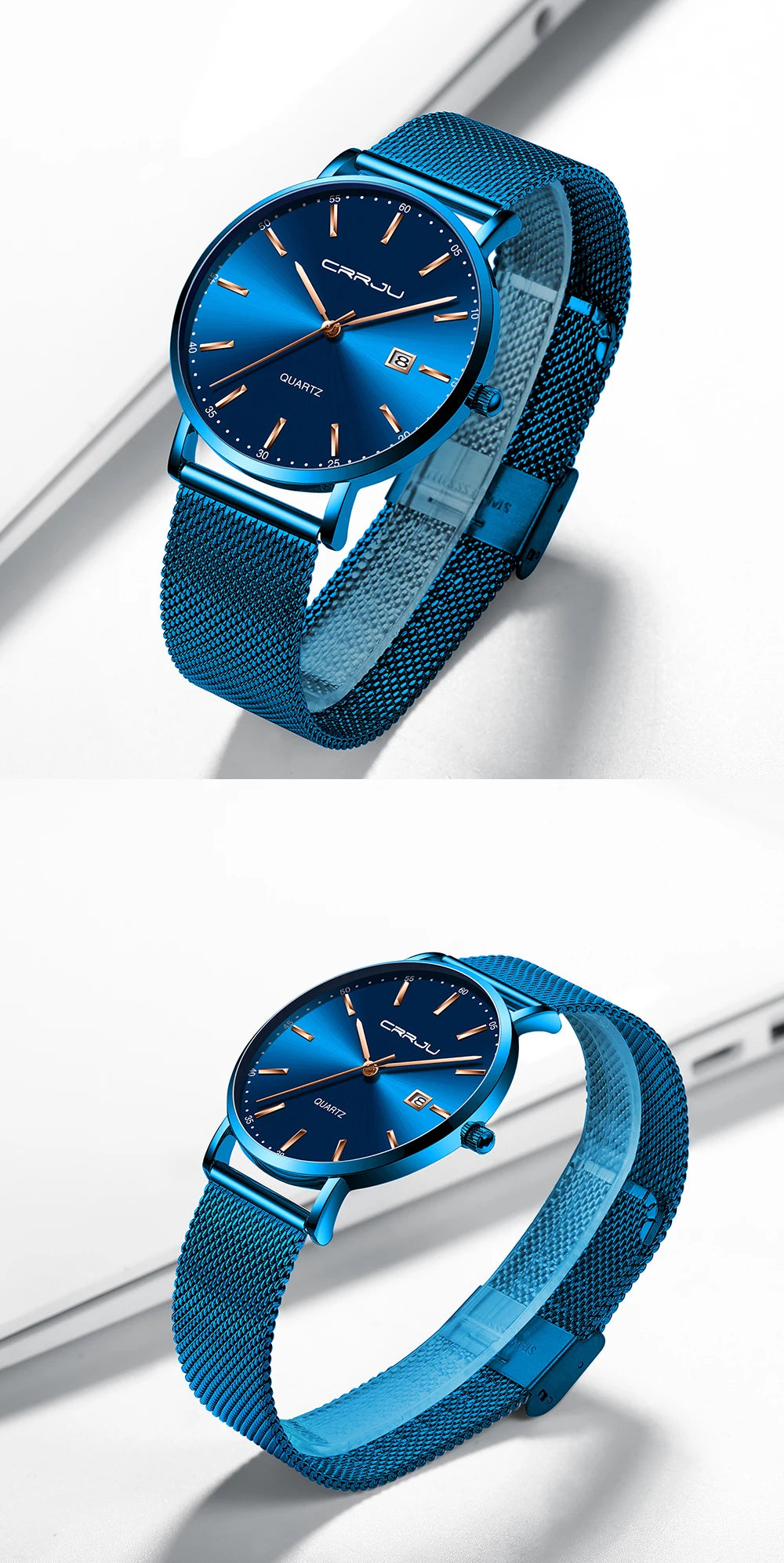 Orologio Da Uomo CRRJU Di Lusso Blu Impermeabile Sottile Ed Elegante Orologio Al Quarzo Casual Con Cinturino In Maglia