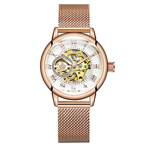 Orologio Automatico Da Donna Orkina Scheletrato Nero Con Cinturino Rete In Acciaio Inossidabile Lusso Per Affari