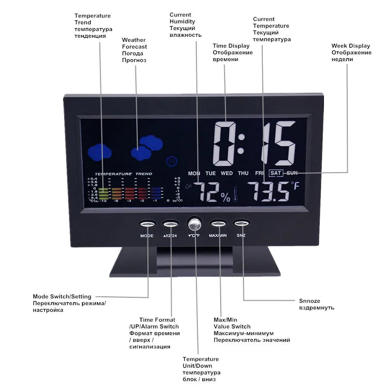 Stazione Meteorologica Multifunzionale Orologio Termometro Igrometro Calendario Display LCD Digitale Temperatura Umidità