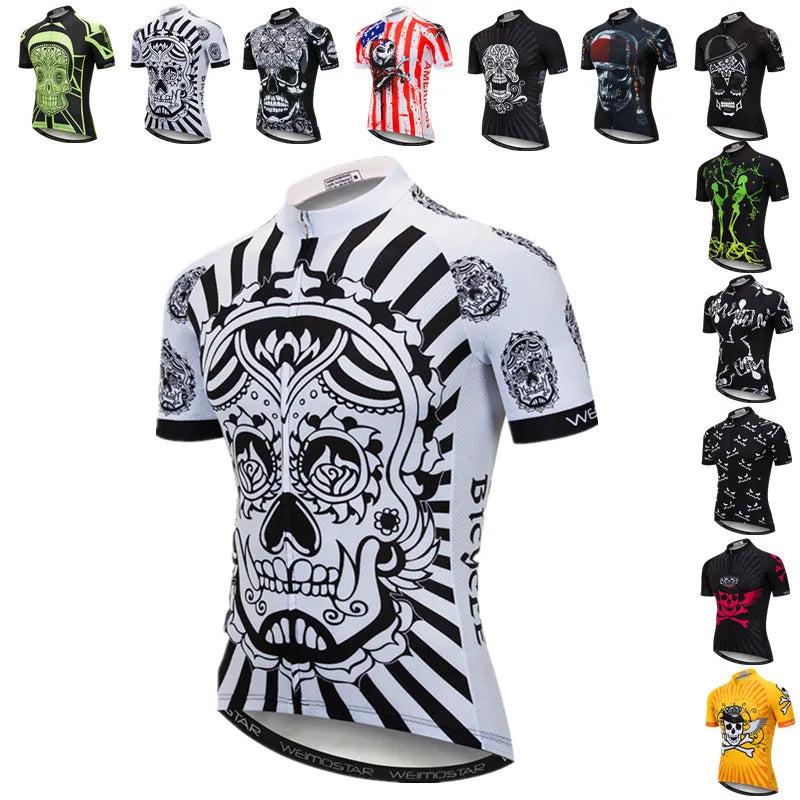 Maglia Ciclismo Weimostar Skull Uomo Estiva Traspirante MTB Strada Anti UV Con Tasche Riflettenti